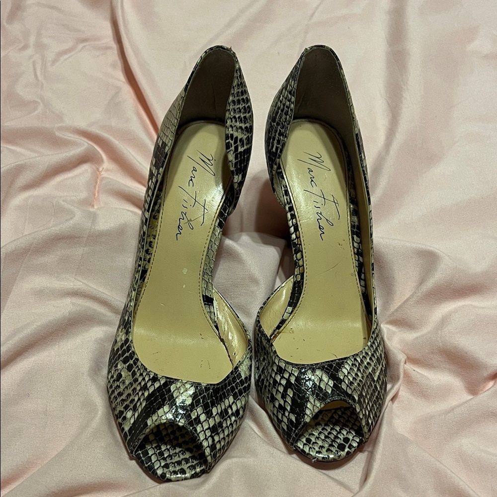 Marc Fisher Black and Cream Snakeskin Heels